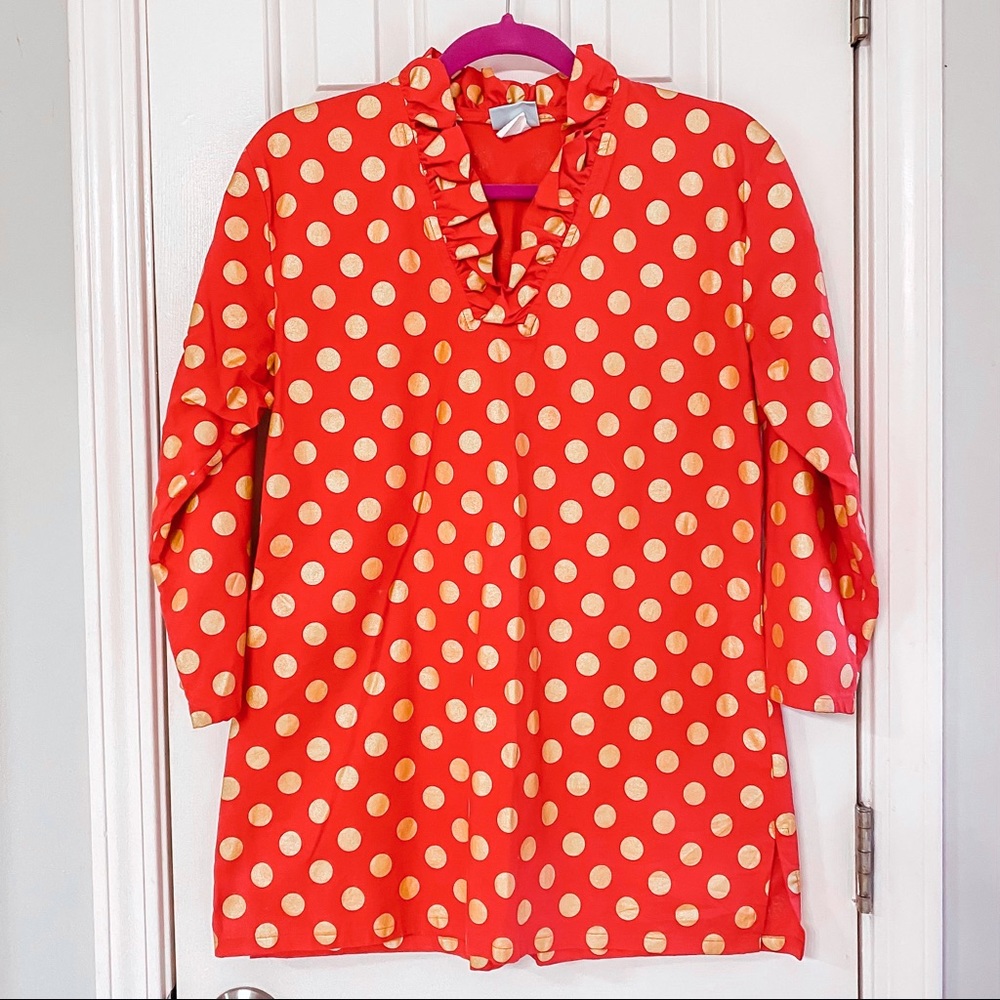 HALEY AND THE HOUND • Ruffle Neck Red + Gold Polka Dot Tunic Top